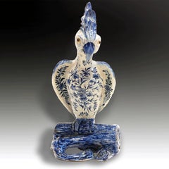 Large Antique Early 19th Century Blue and White Tin-Glazed Faience Parrot Figure