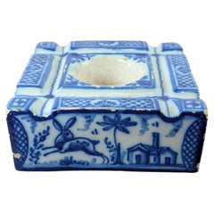 18th Century Tin-Glazed Spanish Talavera de la Reina Blue and White Inkwell