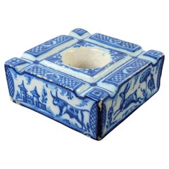 18th Century Tin-Glazed Spanish Talavera de la Reina Blue and White Inkwell