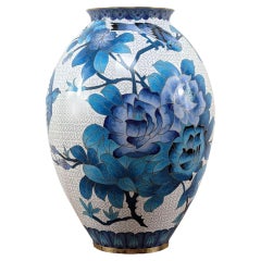 Large Mid-20th Century Beijing Cloisonné Enamel Vase with Birds and Peonies