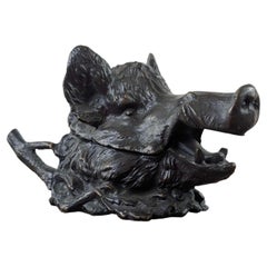 French Patinated Bronze Boar’s Head Signed Inkwell After Fratin, circa 1900