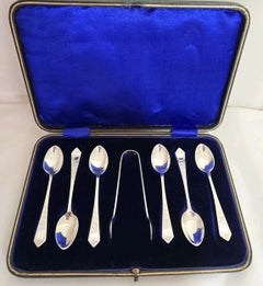 Edwardian Sterling Silver Tea Spoons and Sugar Tongs by Hammond Creake, 1901