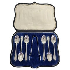 George V Sterling Silver Teaspoons and Sugar Tongs by Manoah Rhodes & Sons, 1915