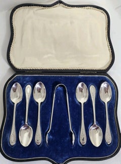 George V Sterling Silver Teaspoons and Sugar Tongs by Manoah Rhodes & Sons, 1915