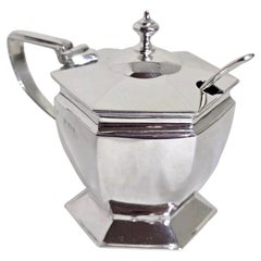 Antique George V Sterling Silver Mustard Pot and Spoon by Deakin & Francis, 1919