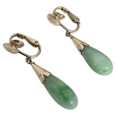 Vintage 10ct Yellow Gold Chinese Jadeite Drop Earrings