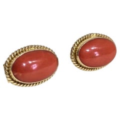 Mid Century 18ct Yellow Gold Coral Cabochon Earrings