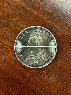 Victorian Silver Enamelled Jubilee Coin Brooch, 1887