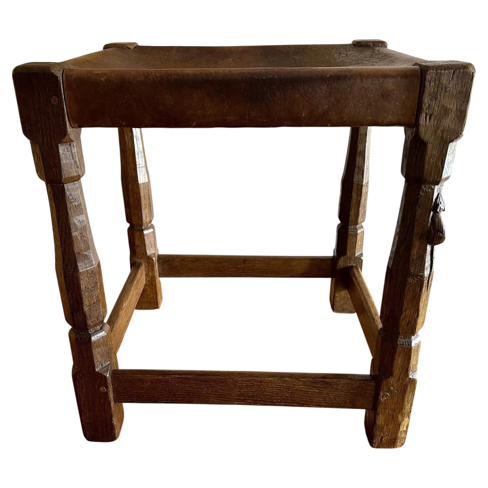 Robert Thompson 'Mouseman' English Oak Leather Dressing Stool For Sale