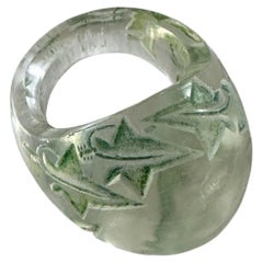 Lalique French 'Lierre' Moulded Clear and Green Patinated Glass Ring