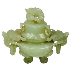 Chinese Carved Pale Green Jade Censer and Cover, Dragon Handles