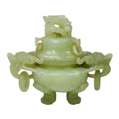 Chinese Carved Pale Green Jade Censer and Cover, Dragon Handles