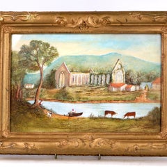 Tintern Abbey and River Wye, Victorian Landscape Painting Signed Petheram