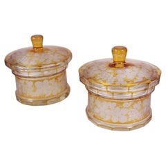 Pair of Bohemian Amber Flash Glass Lidded Pots, Circa 1890–1915
