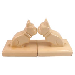 Art Deco Cream Glazed French Bulldog Pottery Bookends, Ashtead Style