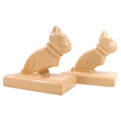 Art Deco Cream Glazed French Bulldog Pottery Bookends, Ashtead Style