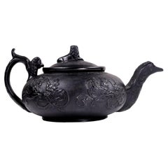 Antique English Black Basalt Teapot Attributed to Cyples, Lion Finial ca. 1830