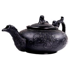 Antique English Black Basalt Teapot Attributed to Cyples, Lion Finial ca. 1830
