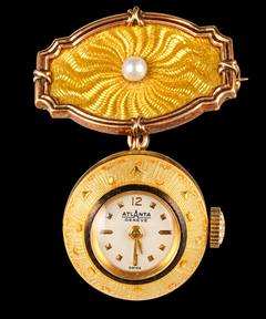 Broche de perla con colgante esférico de esmalte «Atlanta Art Deco Genève Swiss Guilloché»