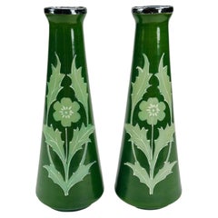 Antique Pair of Arts & Crafts Green Milk Glass Vases with Silver Rims ca. 1905
