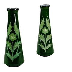 Antique Pair of Arts & Crafts Green Milk Glass Vases with Silver Rims ca. 1905