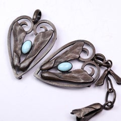 Arts & Crafts Jugendstil Pewter Two-Piece Cape Clasp with Turquoise Cabochons