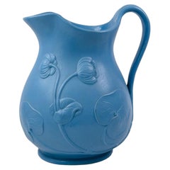 Antique Victorian Matte Blue Parian Bisque Pottery Jug with Floral Relief