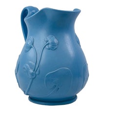 Antique Victorian Matte Blue Parian Bisque Pottery Jug with Floral Relief