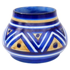 Antique Hand-Painted Geometric Cobalt Blue Ceramic Squat Art Pottery Vase