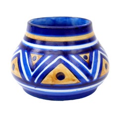 Antique Hand-Painted Geometric Cobalt Blue Ceramic Squat Art Pottery Vase