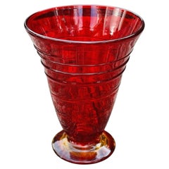 Whitefriars Ruby Red Ribbon Trailed Footed Glass Vase