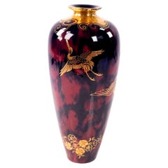 English Art Deco Pottery Flambé Glazed Ceramic Vase with Gilt Cranes