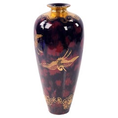 English Art Deco Pottery Flambé Glazed Ceramic Vase with Gilt Cranes