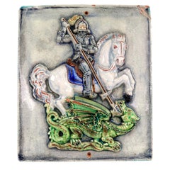 Karlsruhe Keramik Mid-Century St George and Dragon Relief Wall Plaque