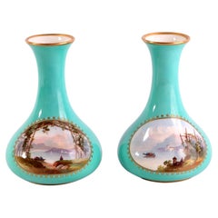 Pair of Copeland Turquoise Porcelain Bottle Vases with Hand-Painted Landscapes