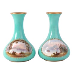 Pair of Copeland Turquoise Porcelain Bottle Vases with Hand-Painted Landscapes