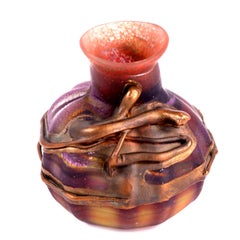 Mid Century Anca Podaru Romanian Art Glass Vase with Sculpted Copper Overlay