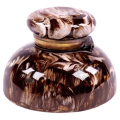 Antique Victorian Marbled Agate Pottery Inkwell with Brass Hinge