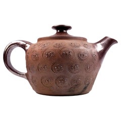 Mid Century Dybdahl Pottery Danish Studio Stoneware Teapot with Sun-Face Motif