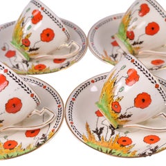 Crown Ducal Art Deco Poppy Pattern Demitasse Coffee Set, Six Place Settings