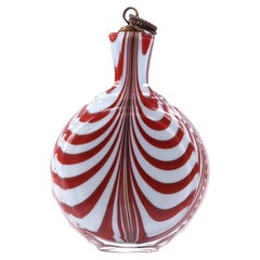 Red and White Feathered Art Glass Perfume Flask with Copper Stopper
