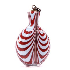Red and White Feathered Art Glass Perfume Flask with Copper Stopper