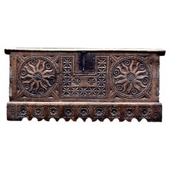 17th Century Spanish Baroque Carved Elm Coffer with Forged Iron Mounts