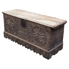 17th Century Spanish Baroque Carved Elm Coffer with Forged Iron Mounts
