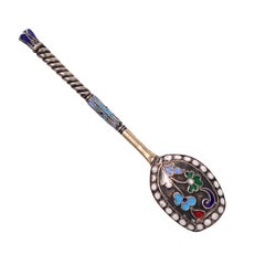 Cucchiaio da sale russo antico, modello 84 Standard, in argento e smalto policromo