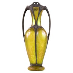 Loetz Papillon Iridescent Art Glass Vase in Art Nouveau Metal Mount