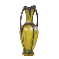Loetz Papillon Iridescent Art Glass Vase in Art Nouveau Metal Mount