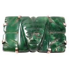 Mexican Silver and Hand-Carved Malachite Mask Brooch, Circa 1920