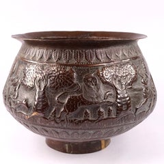 Antique Indian Repoussé Copper Bowl with Animal and Hunting Frieze