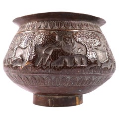 Antique Indian Repoussé Copper Bowl with Animal and Hunting Frieze